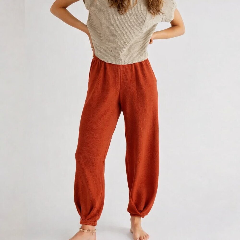 FP BEACH FREYA KNIT PANTS BROWN POCKETS WIDE LEG PULL ON MEDIUM
